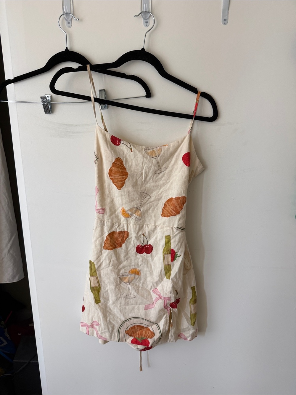 Cream Printed Mini Slip Dress with Fruit & Pastry Motif